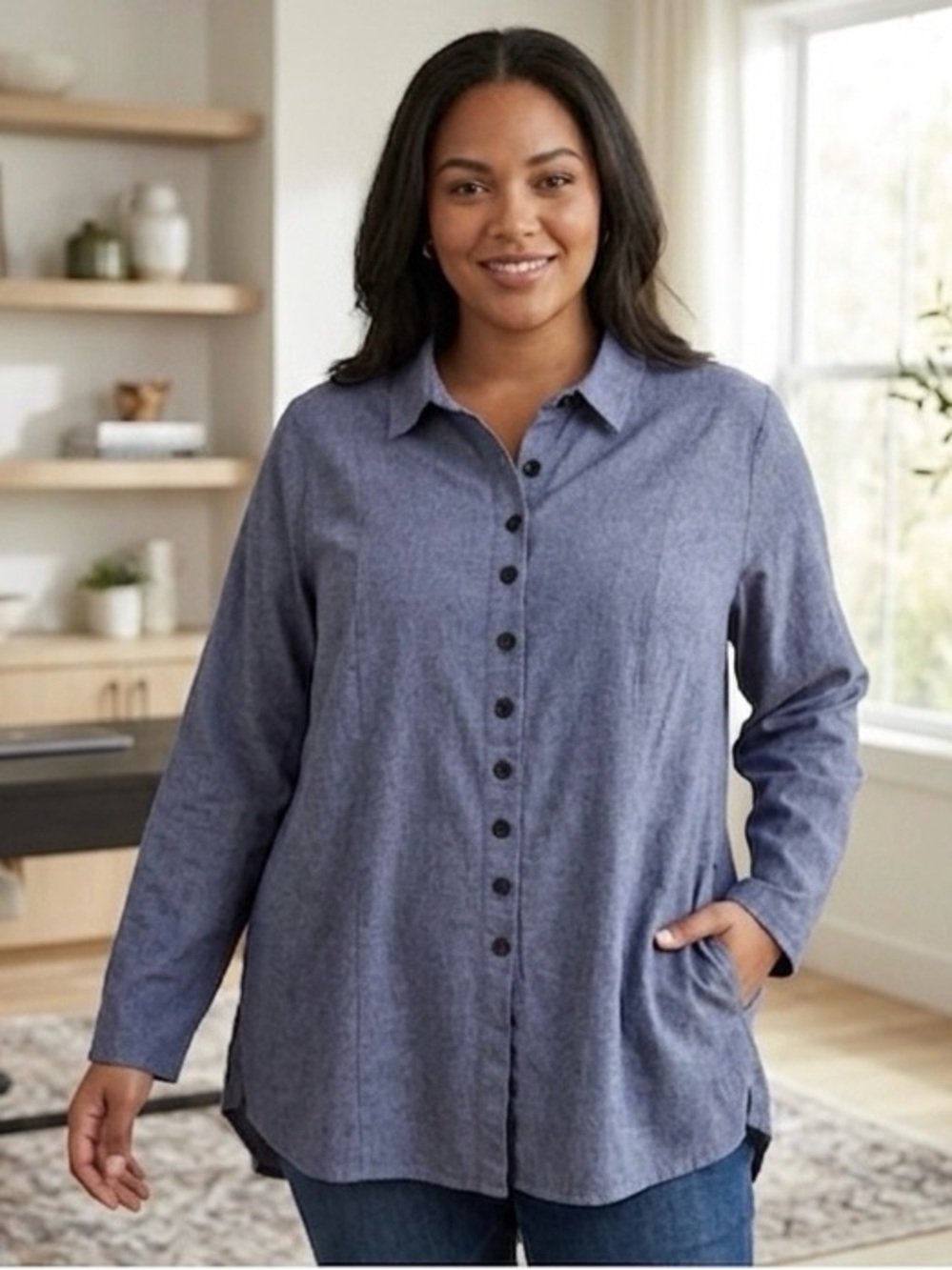 Tulip Long Sleeve Blue Button-Up Shirt Hi Low Pockets Size XL Tunic